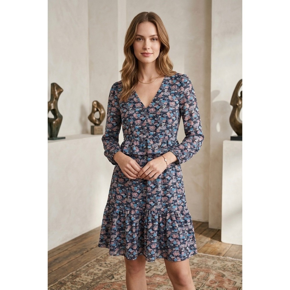 J.Crew Floral V-Neck Ruffle Mini Dress Blue Pink Black Long Sleeve Size 2